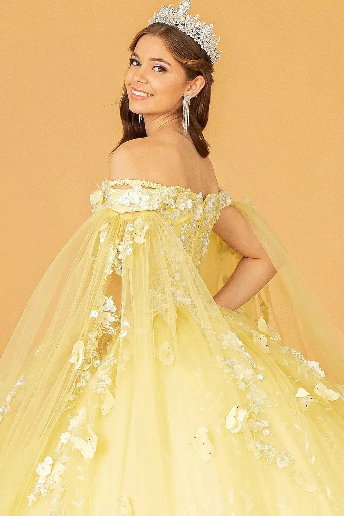 Embroidered details frame the Yellow quinceañera ball gown with long mesh drapes.