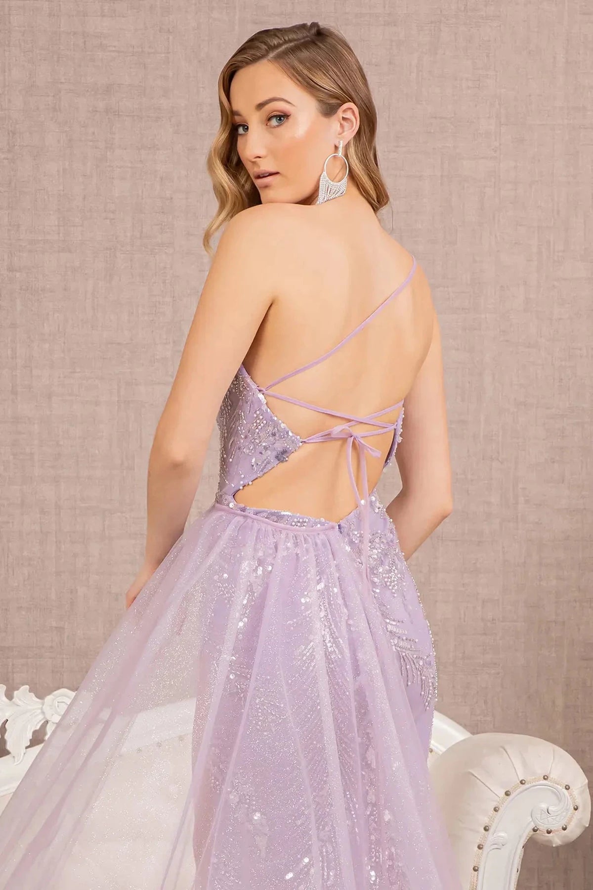 Lilac prom evening dress mermaid skirt detail
