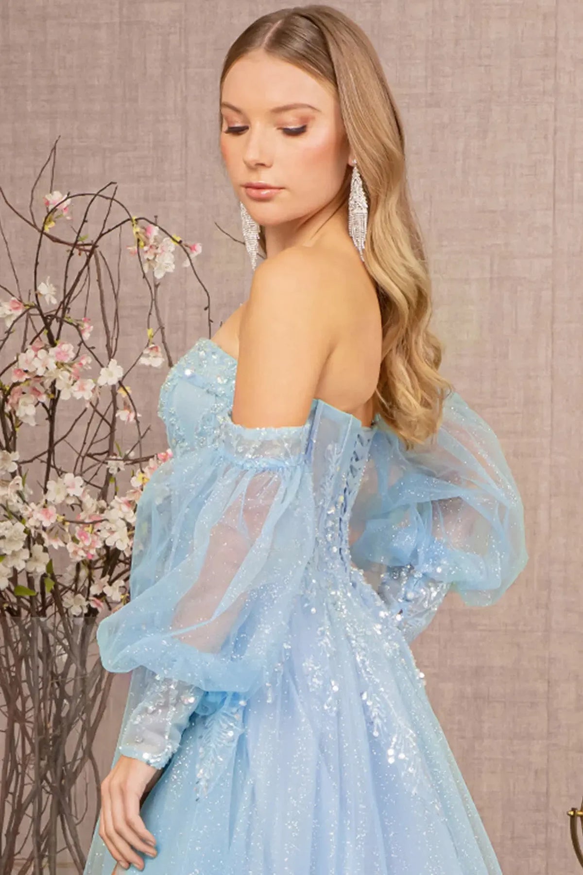 Baby Blue mother of the bride dress with gathered sheer sleeves at the open back