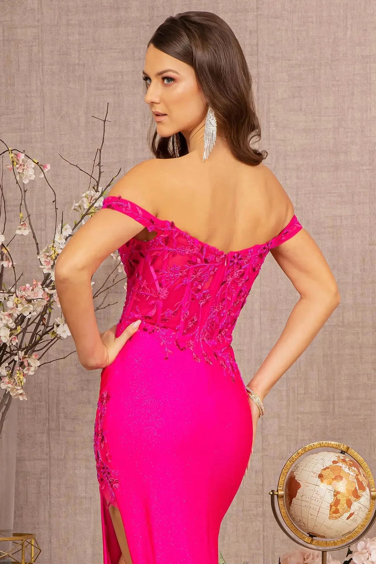 Fuchsia prom evening dress mermaid skirt detail