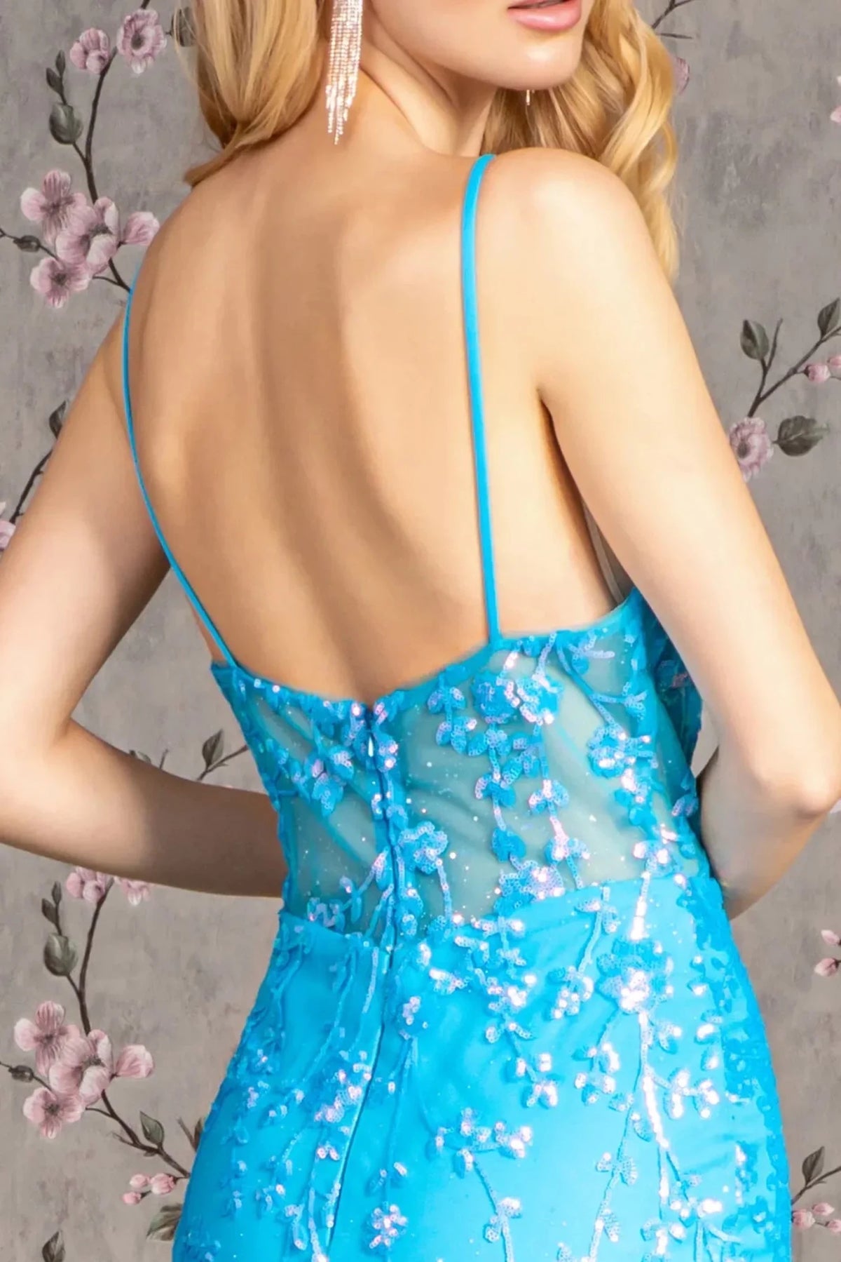 Turquoise prom evening dress trumpet skirt detail