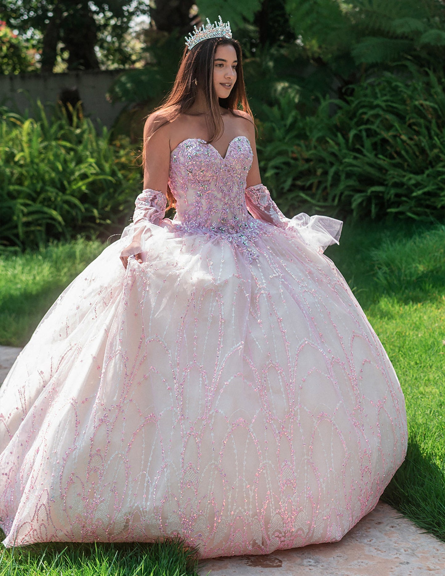 Lilac Champagne Jewel Sequin Mesh Ball Gown w/ Detachable Long Sleeves Quince Dress | Plus Size Available | Itzel dress front view