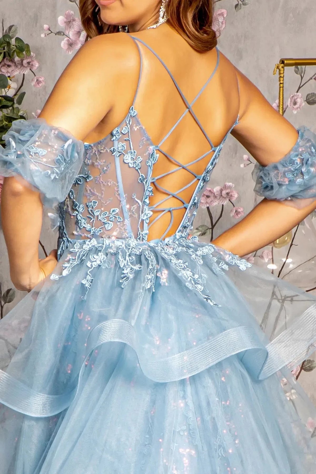 Smoky Blue prom evening dress a-line skirt detail