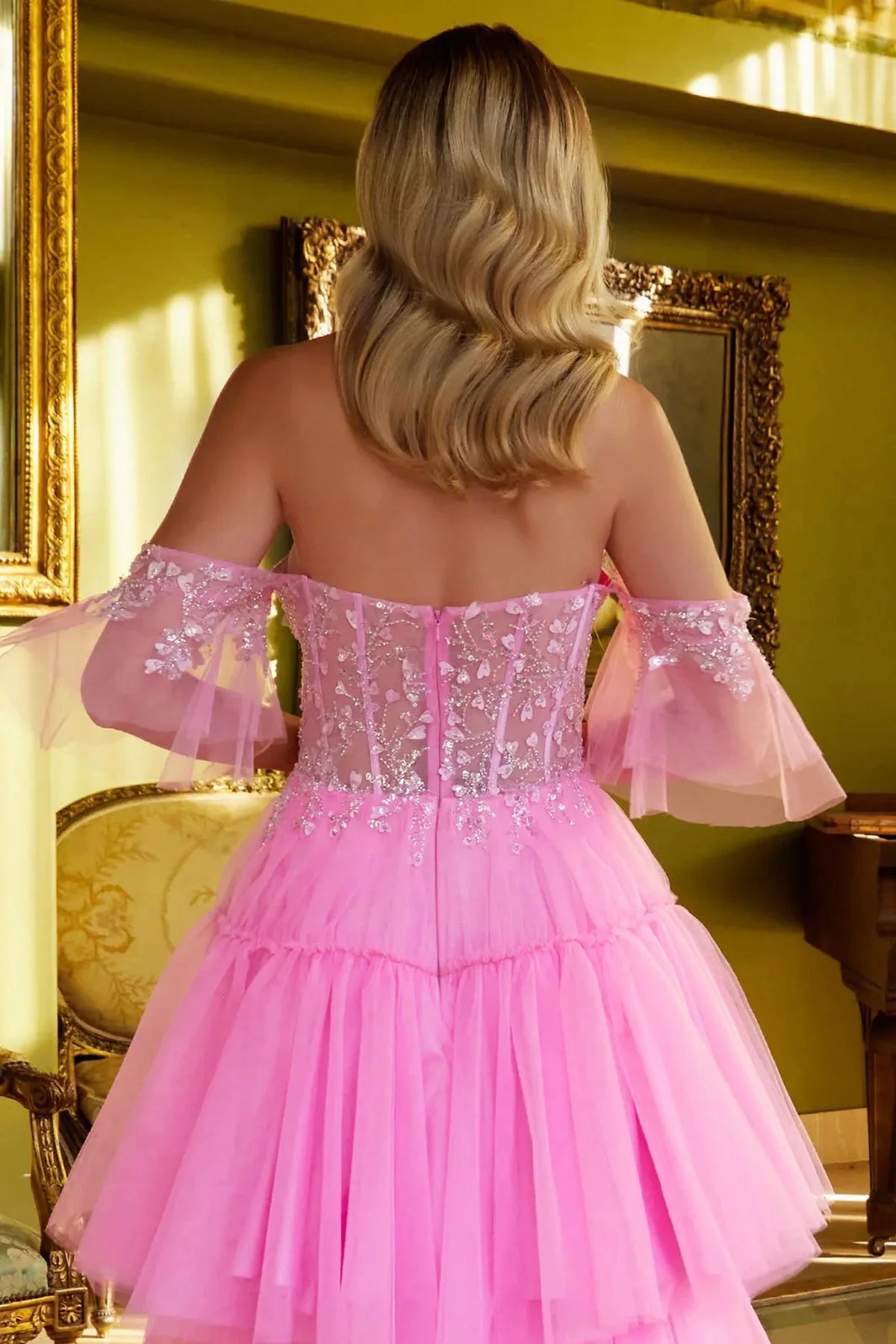Hot Pink prom evening dress off-shoulder bodice detail
