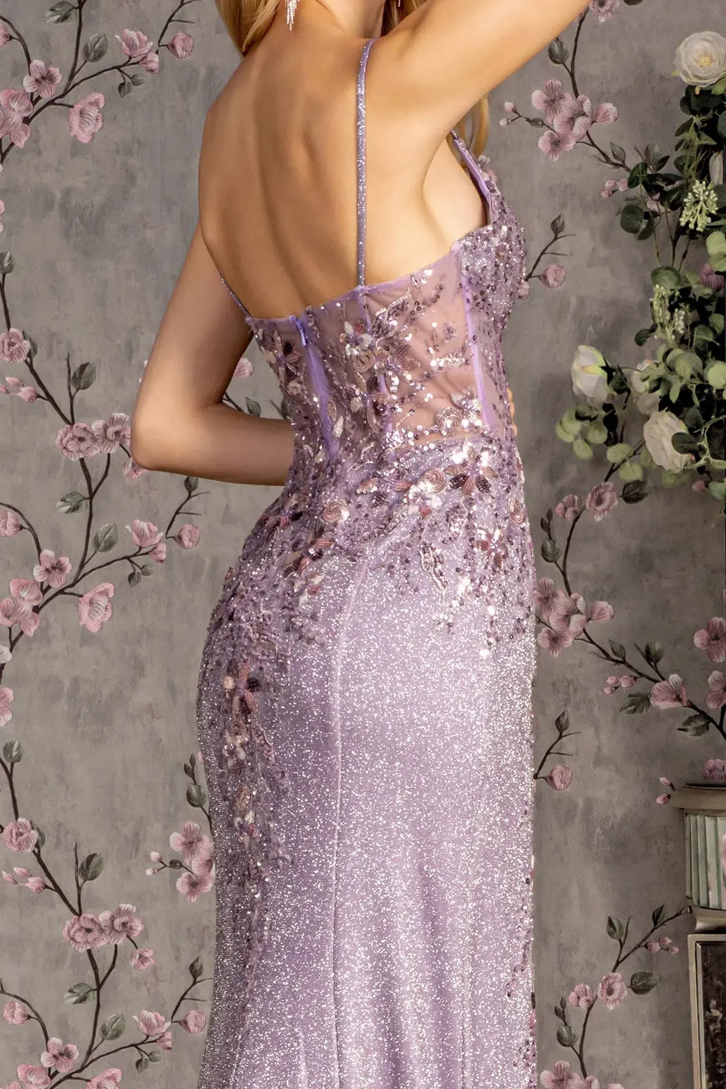 Lilac mother of the bride dress featuring open back bodice finished with beads, embroidery, glitter, sequin