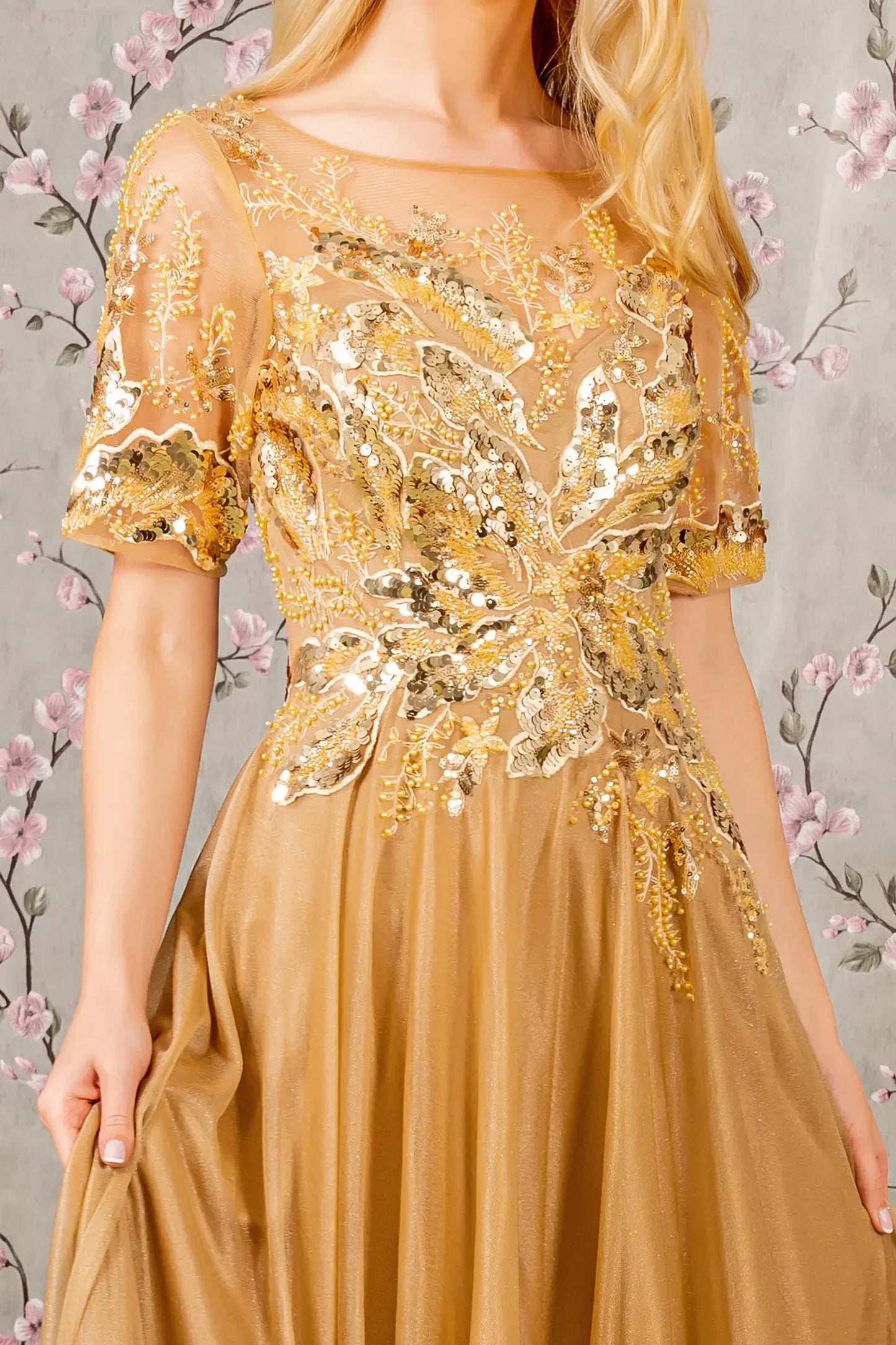 Gold mother of the bride dress featuring boat-neck bodice with short sleeve and beads, embroidery, metallic, sequin