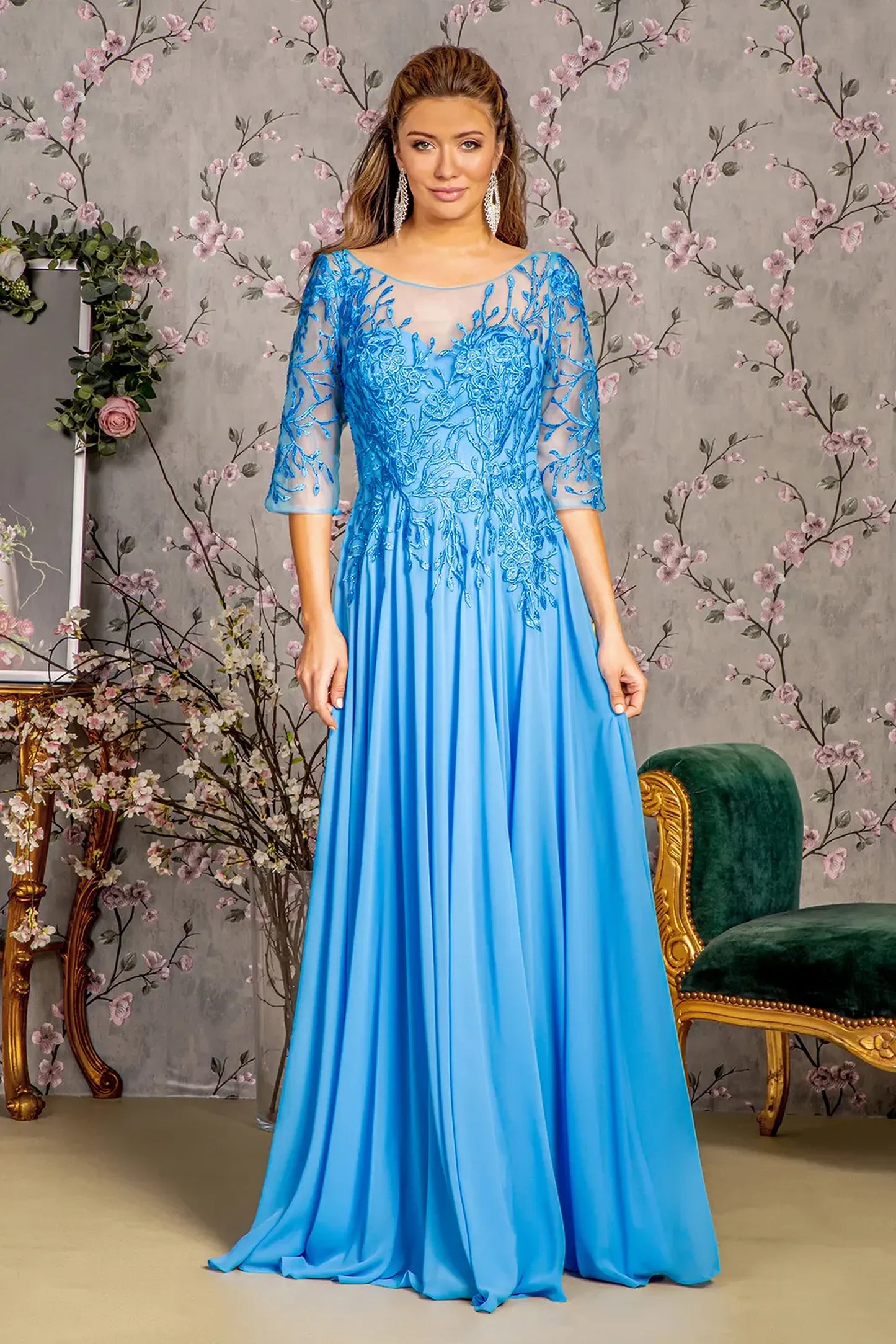Perry Blue chiffon a-line mother of the bride dress with boat-neck