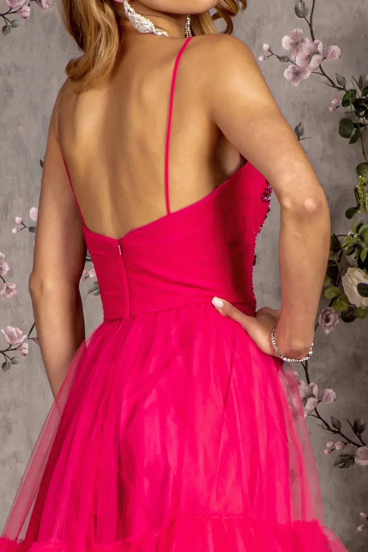 Fuchsia prom evening dress a-line skirt detail