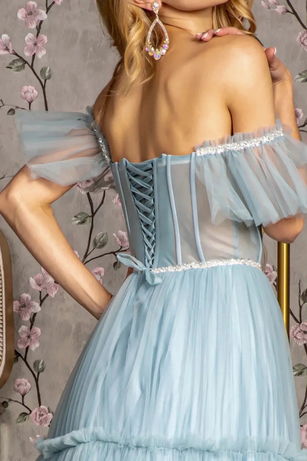 Smoky Blue prom evening dress off-shoulder bodice detail