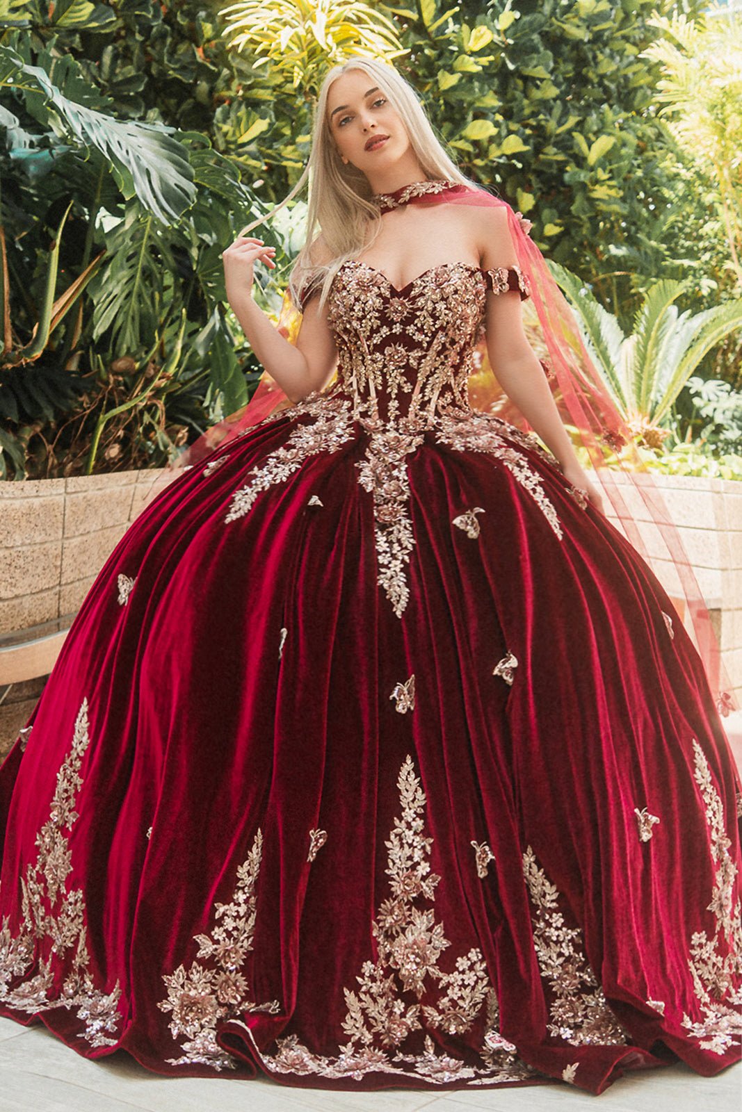 Burgundy Quinceañera Dress with Butterfly Velvet and Mesh Cape – American Stride