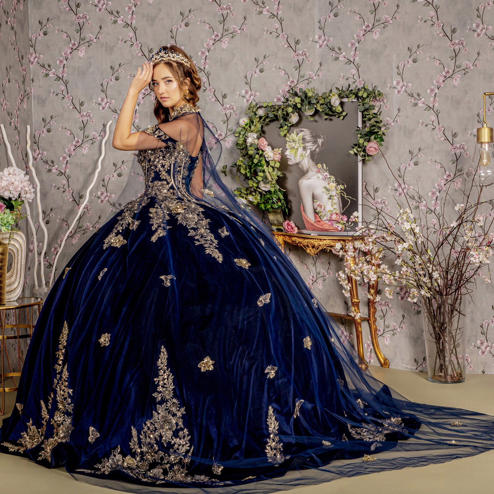 Quinceañera | Navy Metallic Butterfly Floral Velvet Ball Gown with Long Mesh Cape | Ivanna dress SIDE VIEW
