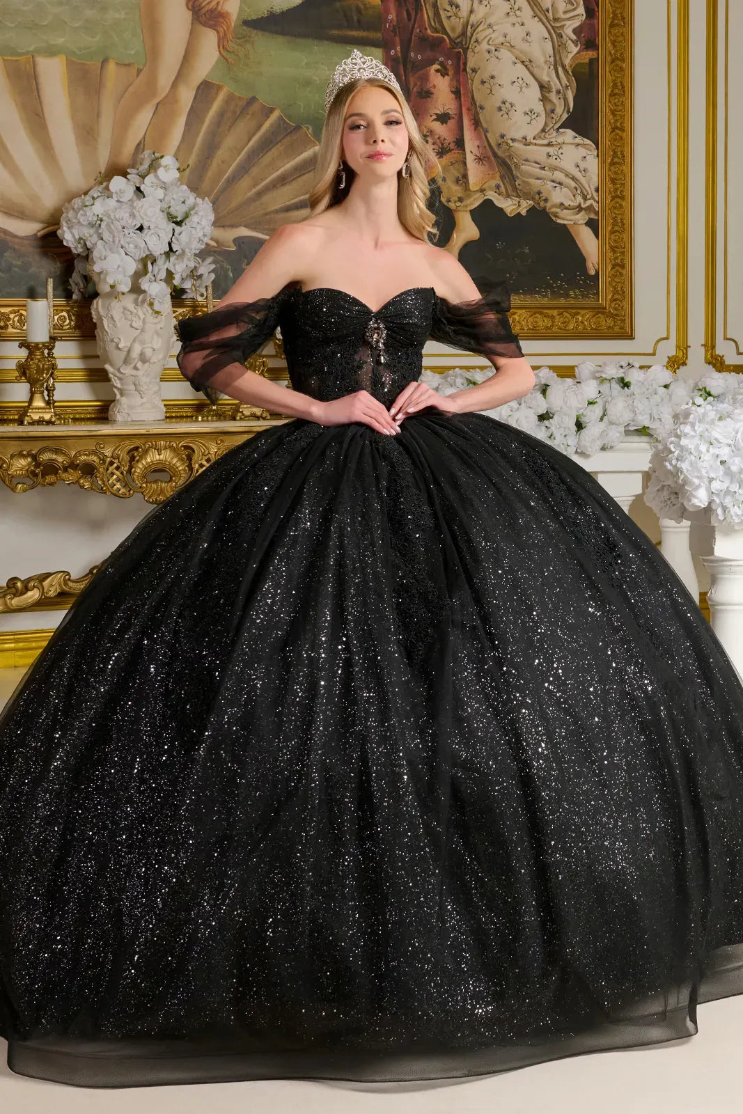 Quinceañera | Black Sweetheart Ball Gown with Sheer Bodice and Lace Embellished Glitter Mesh Skirt | Citlali dress front