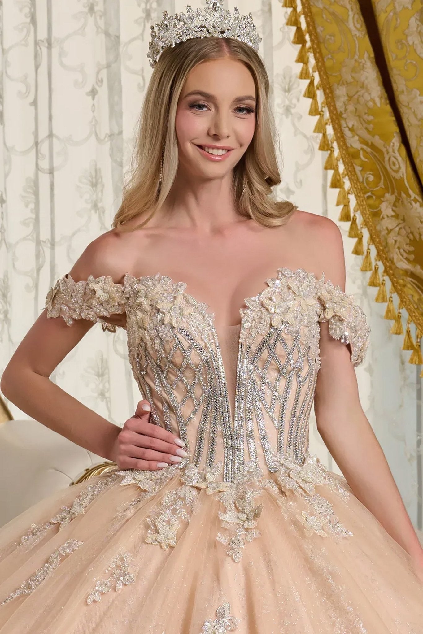 champagne quince dresses Quinceañera Dress with Bejeweled Corset and Florals L / Champagne V-Neck Cocktail Wedding Dresses Outfits For Beach Trip this champagne sparkly ball color?:blue