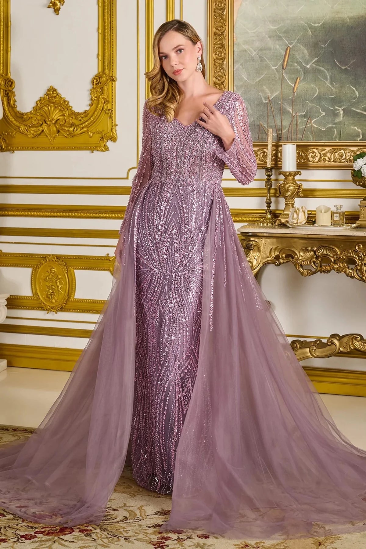 Decorative elements define mauve mesh a-line mother of the bride dress with v-neck.