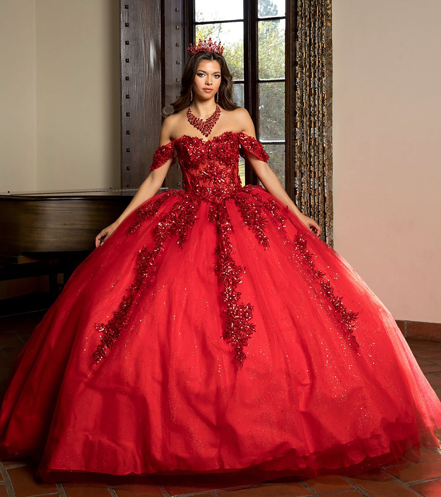 Quinceañera | Red Detachable Sleeve 3D Flowers and Glitter Quince Ballgown | Esperanza dress