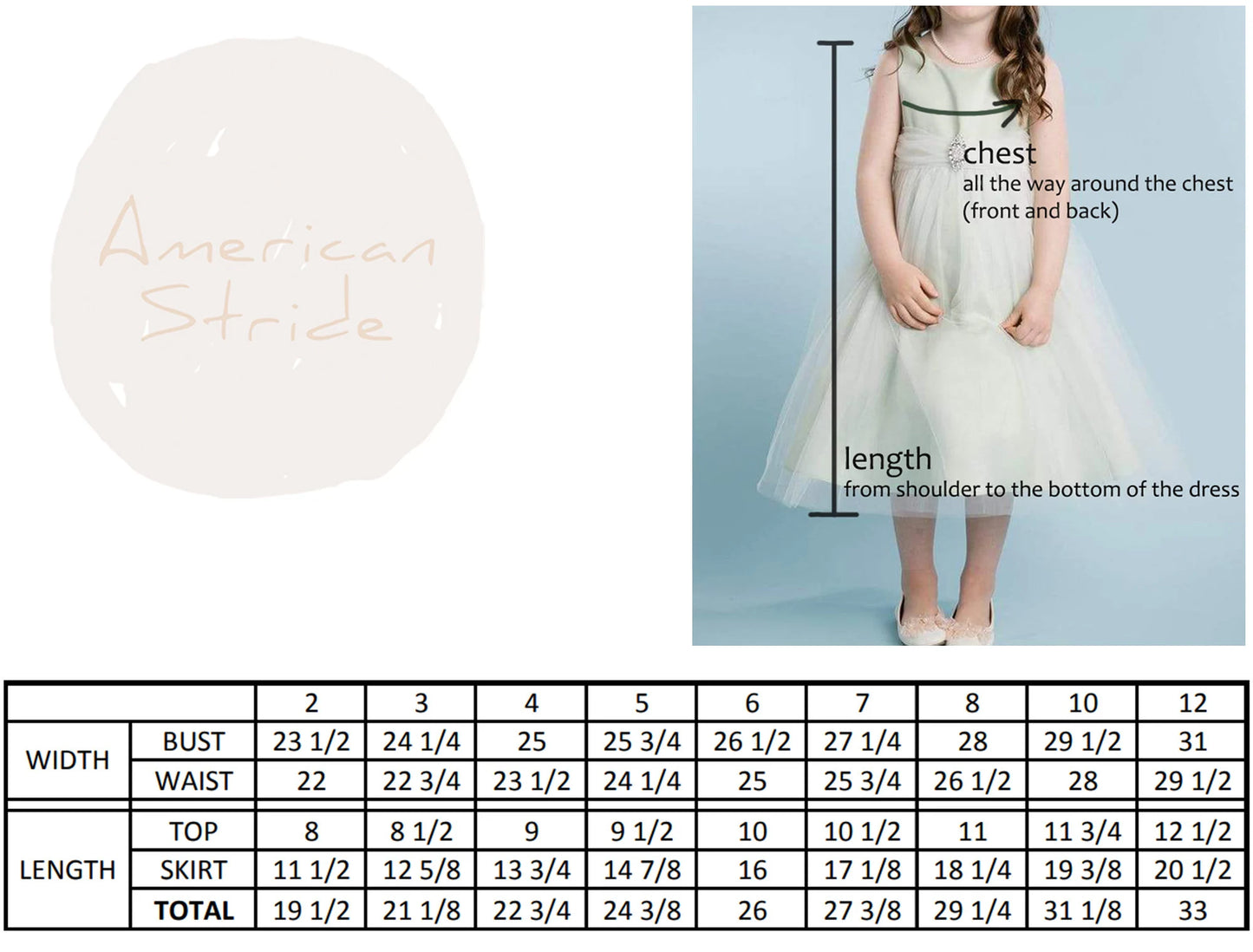 Measurement chart for a dress with a girl wearing the dress and 'American Made' branding.