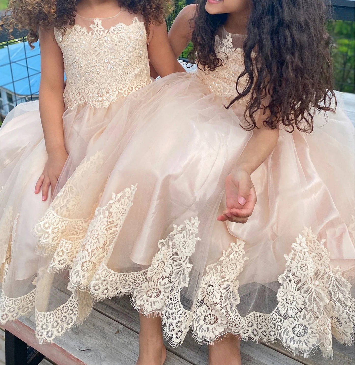 Communion Dress | Beaded lace and stone Top and soft tulle Dress with Embroidery Applique | 3 Colors | Katharine dress champagne