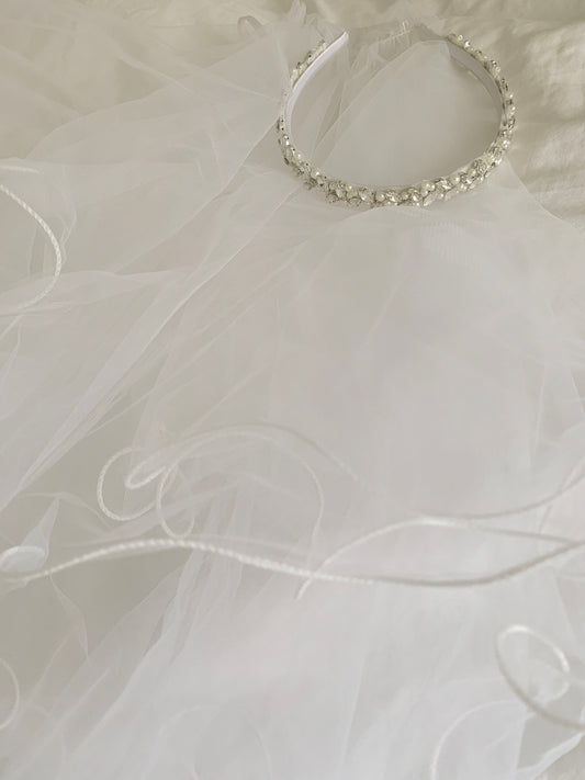 USA Made | First Communion Girl Pearl 2-Tiered Veil | Flower Girl Pearl Headband whole view