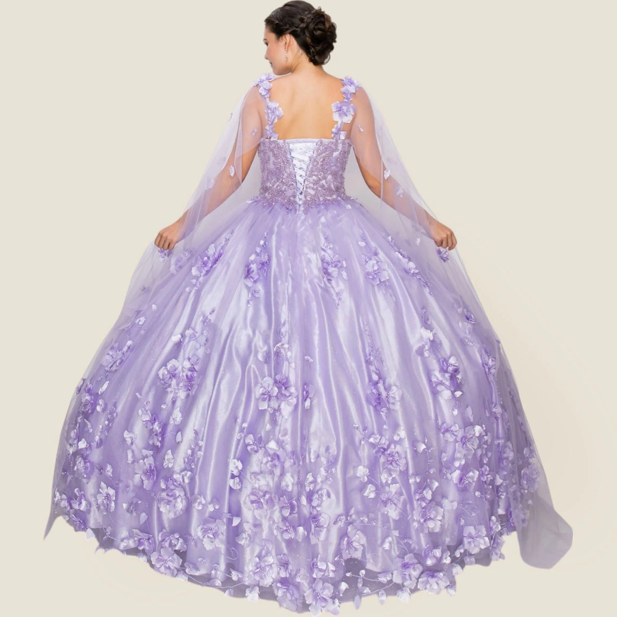 Intricate features stand out across Lilac quinceanera dress with floral appliques, sheer overlay, and pearl embellishments.