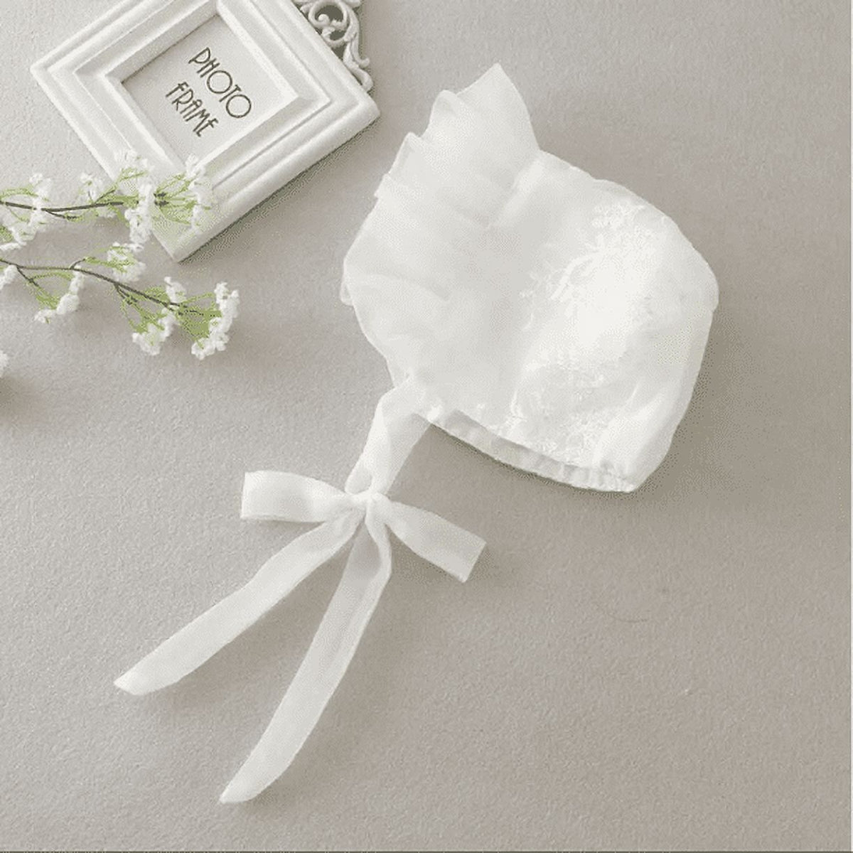 Textured details appear across baby White Lace communion dress with Bonnet Hat | Baby Special Occasion Baptism Christening dress..