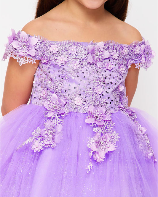 lilac off-shoulder dress with floral embellishments