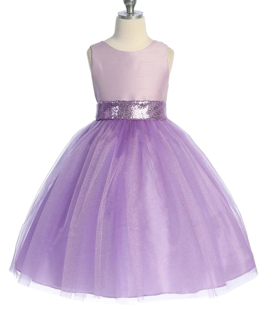 Lavender dress with a sequined waistband on a mannequin against a white background
