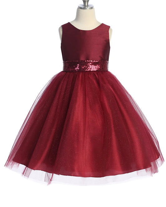 burgundy dress with a sequined waistband on a mannequin against a white background
