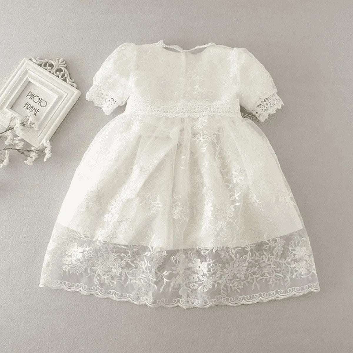 Decorative elements define baby White Lace communion dress with Bonnet Hat | Baby Special Occasion Baptism Christening dress. Also.