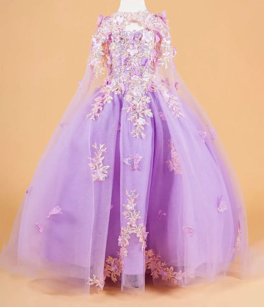 Mini Quince | Lilac 3D Flower and Butterfly Applique Dress with Matching Tunic | Irina dress