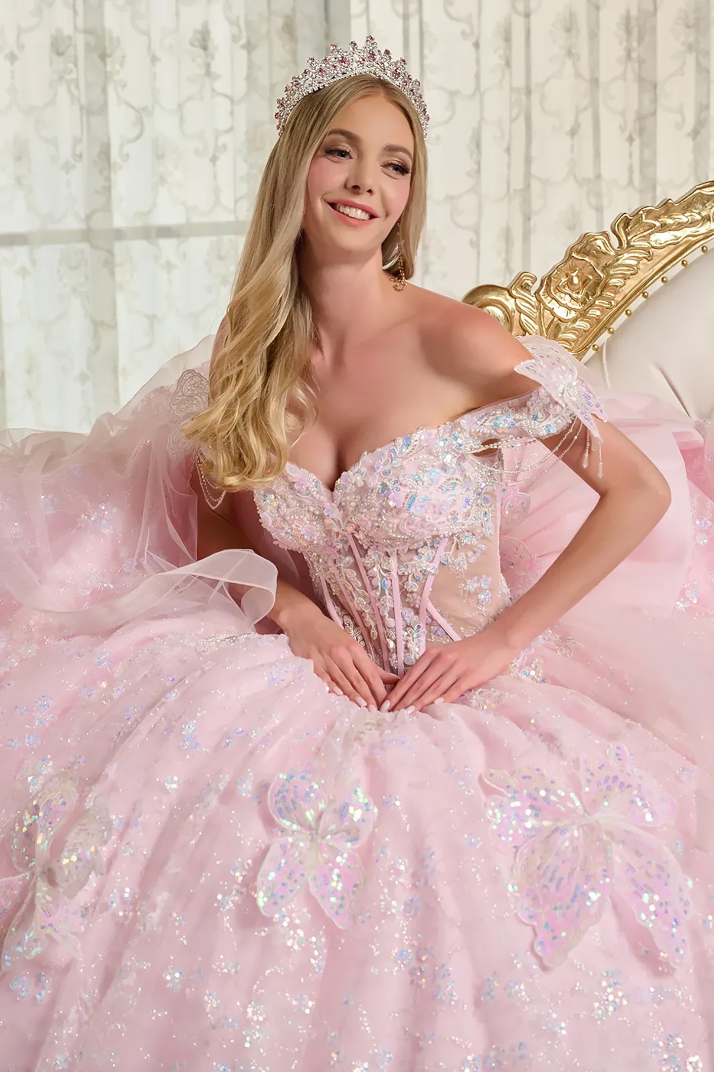 Quinceañera | Baby Pink Ball Gown with 3D Butterfly Appliques, Sheer Bodice, and | Fidencia dress front zoom