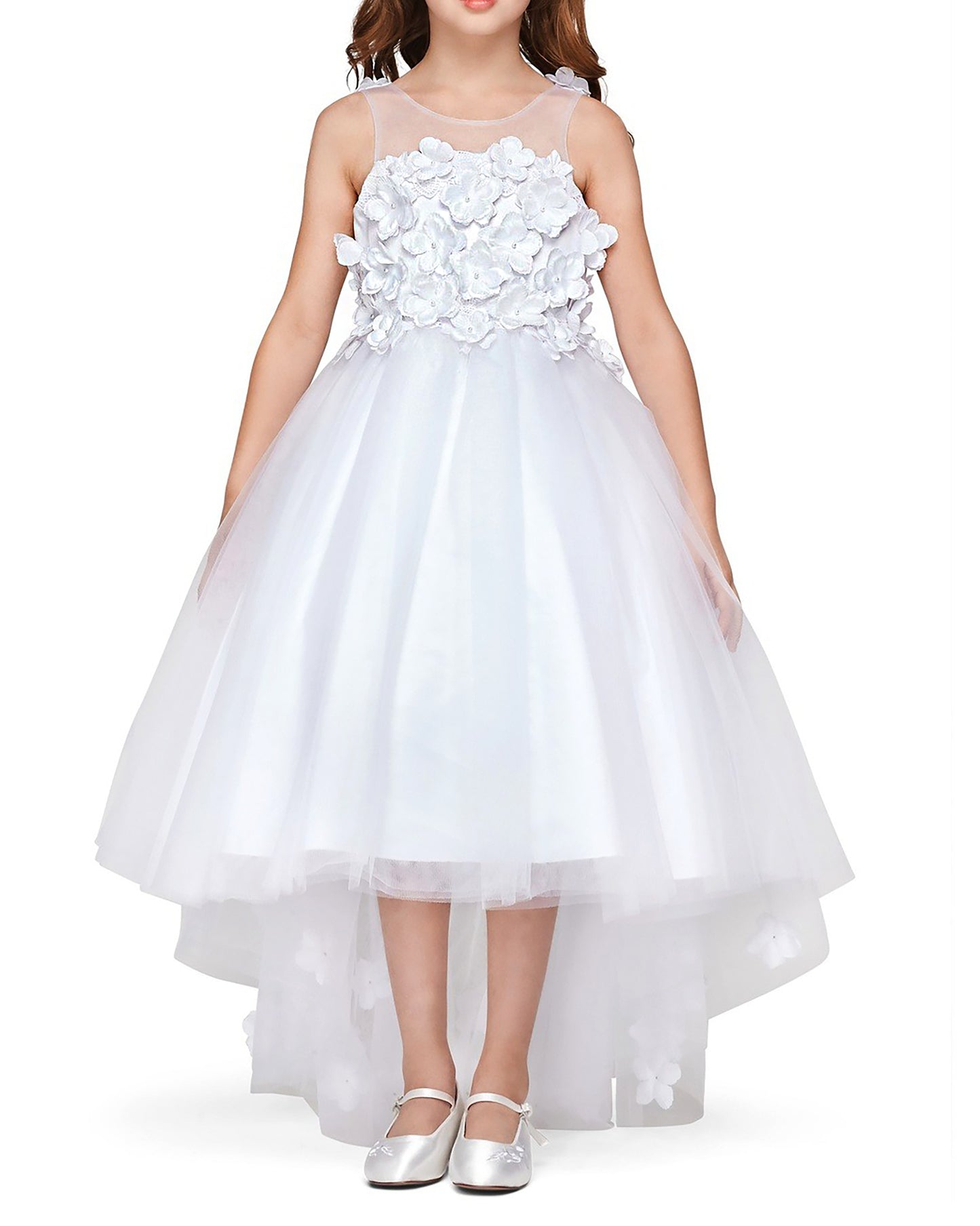 White floral dress worn by a girl on a white background