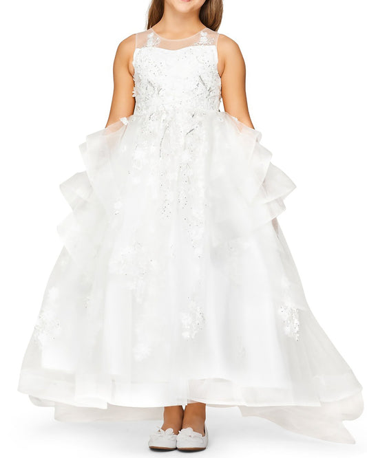 White floral dress with a tiered skirt on a white background