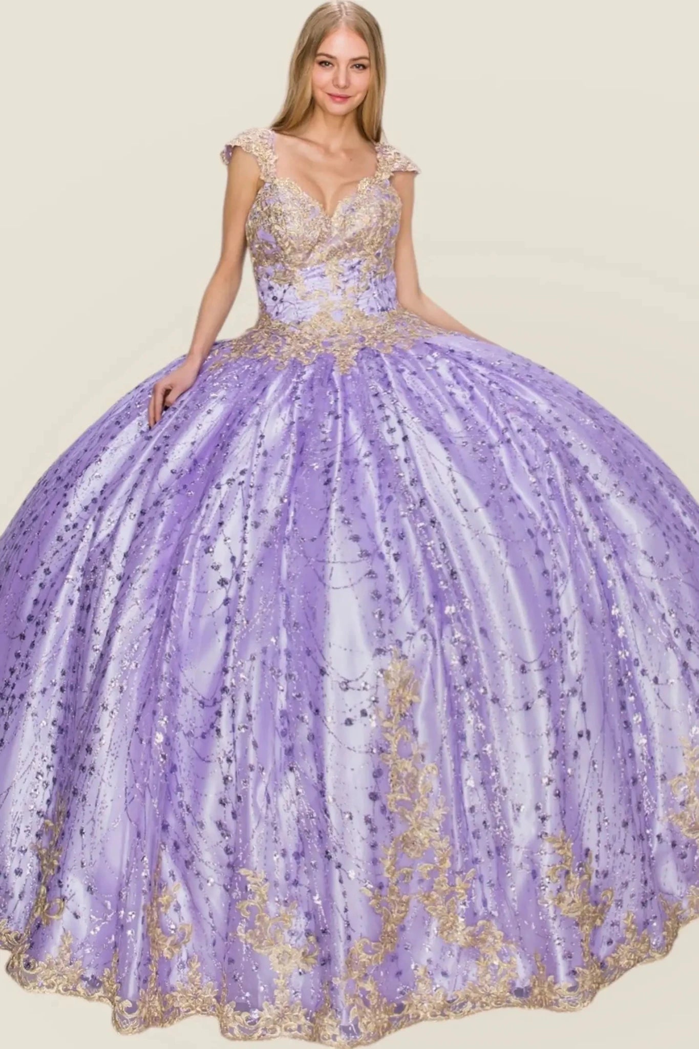 Lilac Quinceañera Dress with Illusion Glitter Tulle and Gold Lace S / Lilac