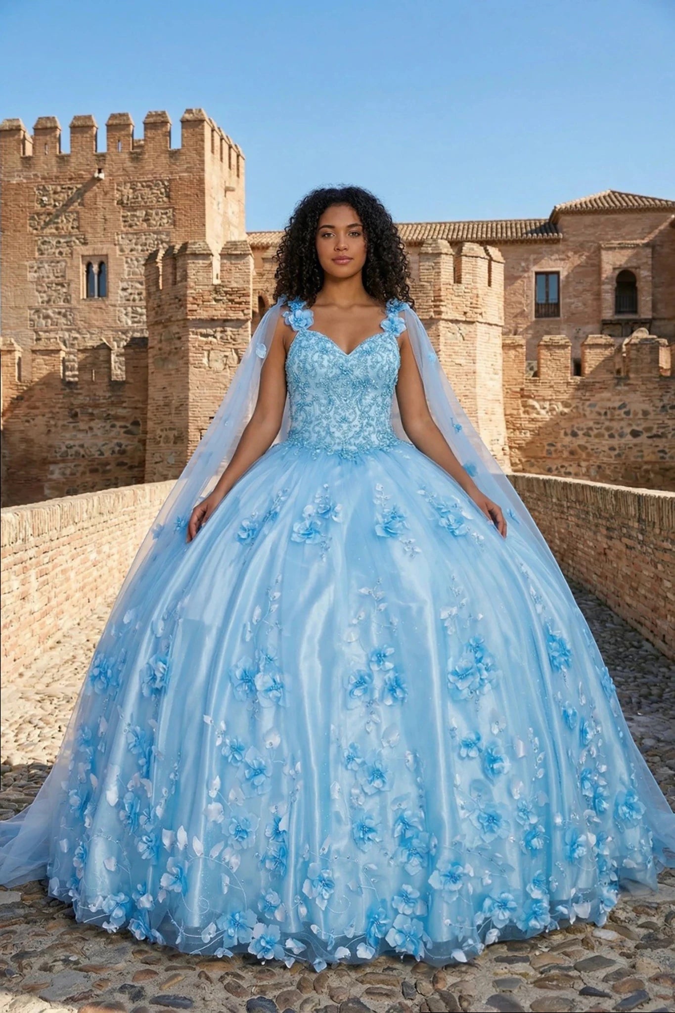 Blue Quinceañera Dress with 3D Floral Appliqués and Pearl Cape 3XL / Blue