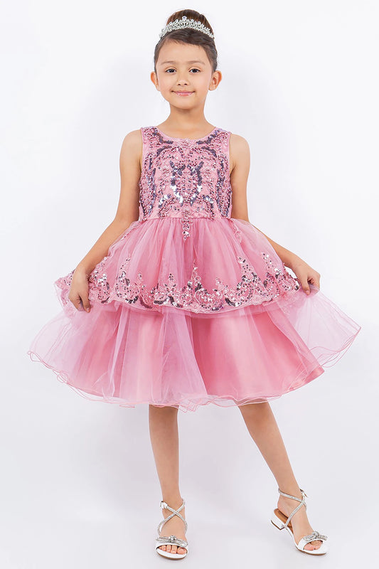 Young girl wearing a pink sequined dress on a white background