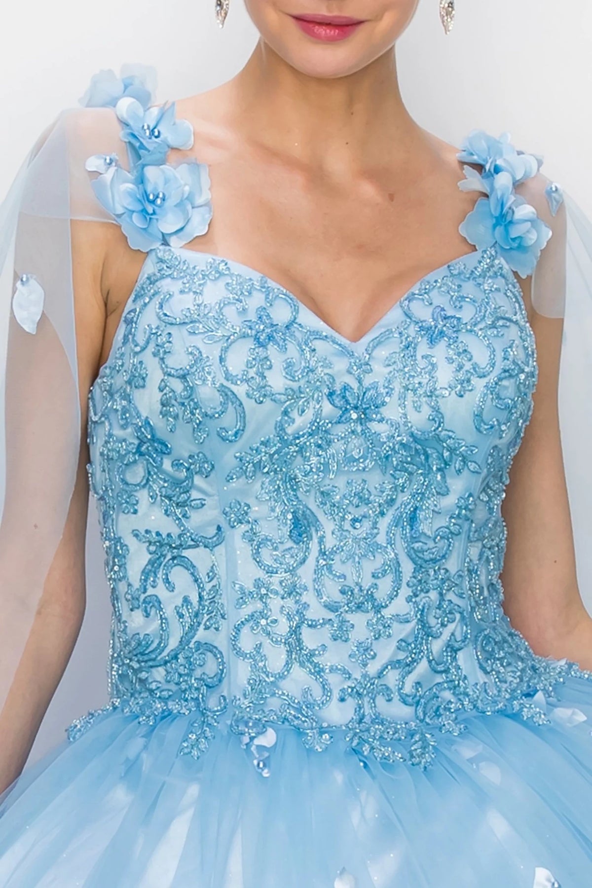Front view presents light blue quinceanera dress with lace straps, floral appliques, and pearl embellishments.