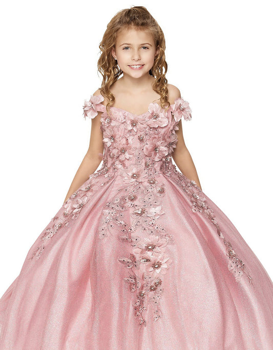 Young girl wearing a pink floral dress on a white background