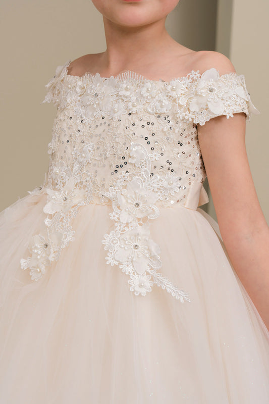 Close-up of a detailed off-shoulder dress with floral lace and sequin embellishments.