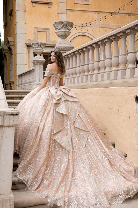 Woman in a sparkling gown standing on stone steps with classical architecture in the background