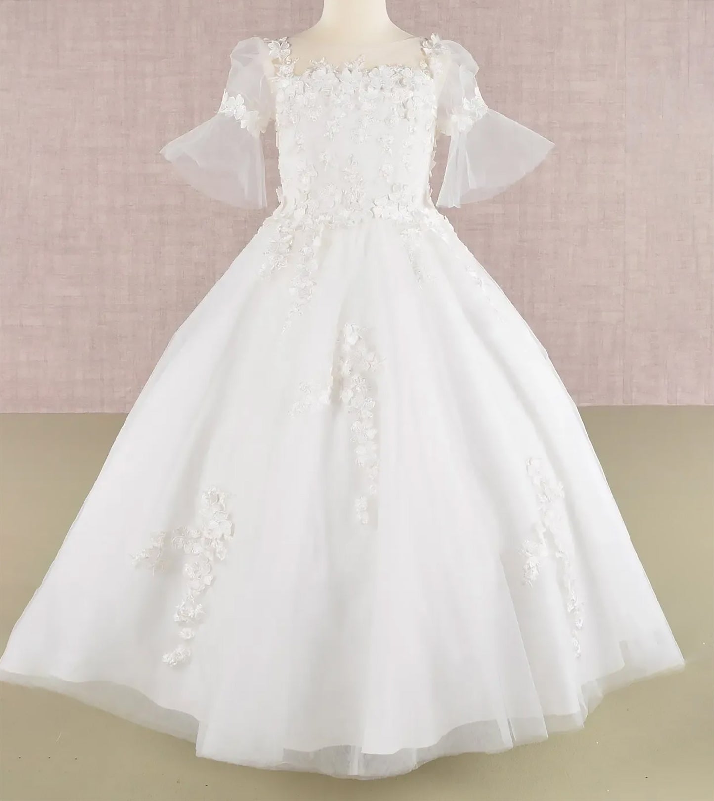 Off-White Kid Ballgown with 3D Floral Appliqué, Puff Sleeves, and Long Back Hem front view