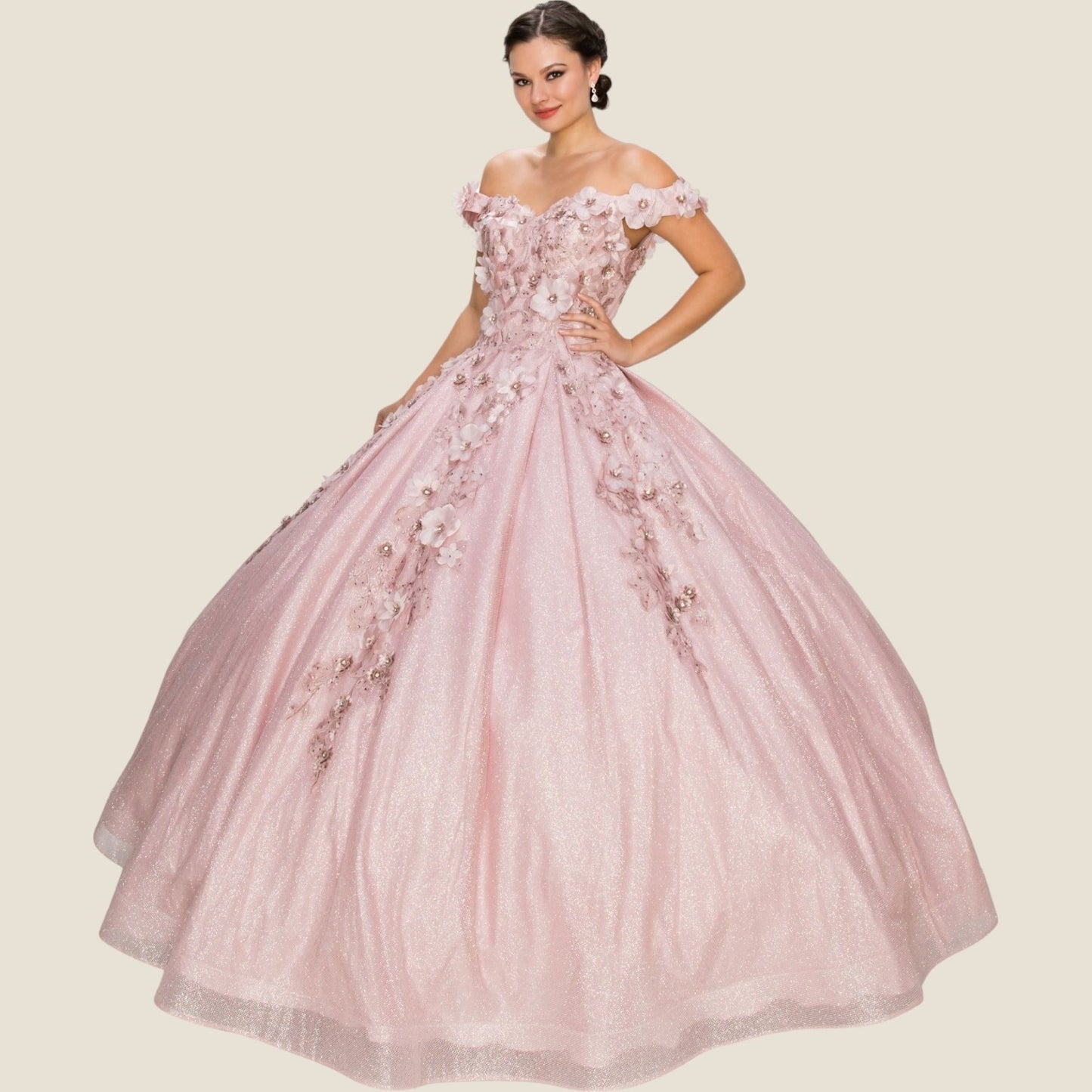 dusty rose off-shoulder gown with floral details on a beige background