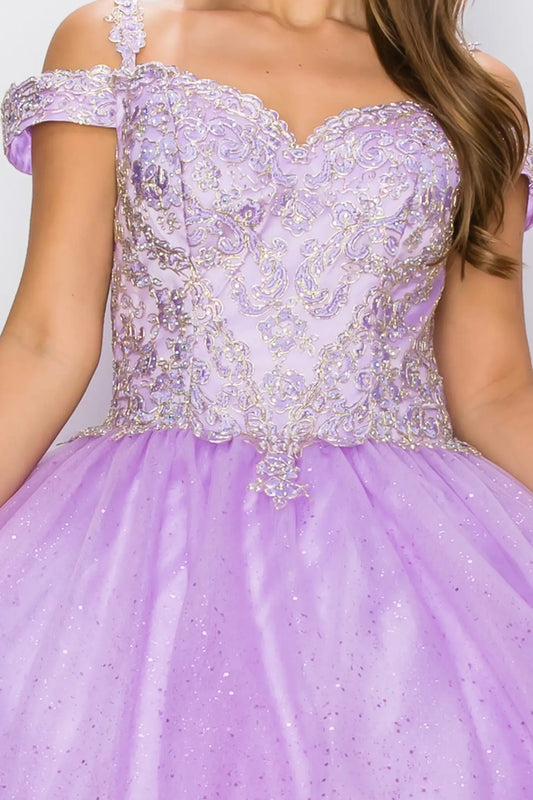lilac off-shoulder dress with intricate detailing on a plain background
