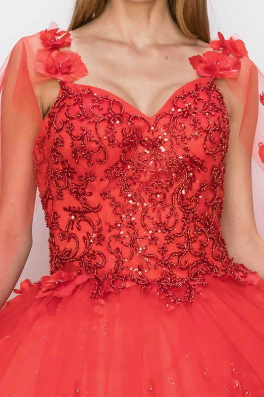 Red evening gown with floral details and intricate beadwork on a plain background