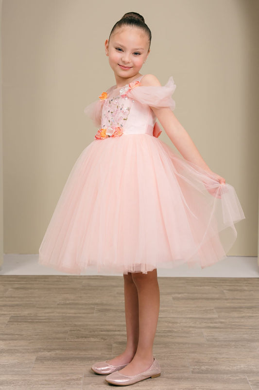 Young girl in a pink dress with floral details standing against a plain background