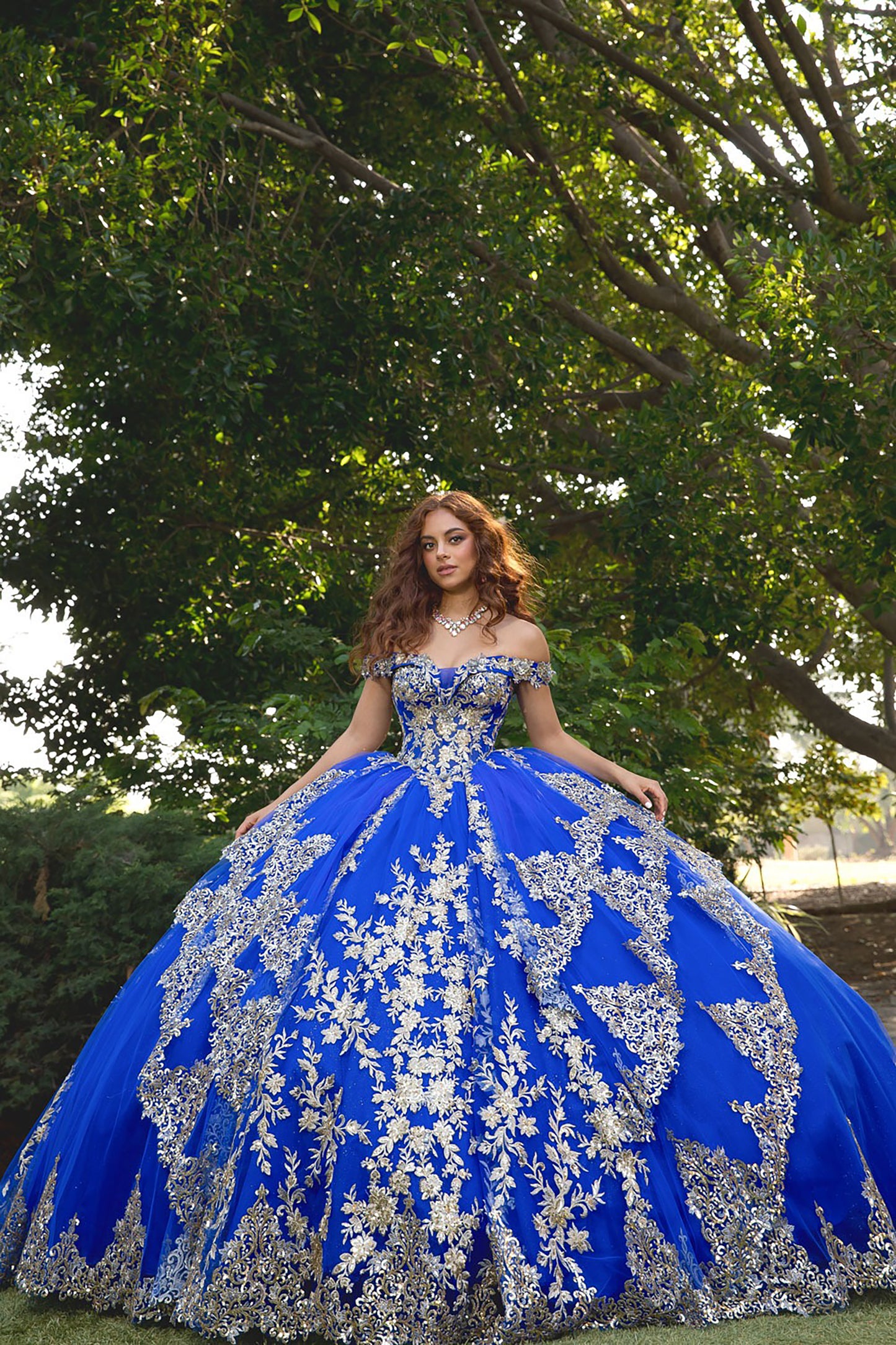 Woman in a blue and silver quinceañera dress standing outdoors with trees in the background