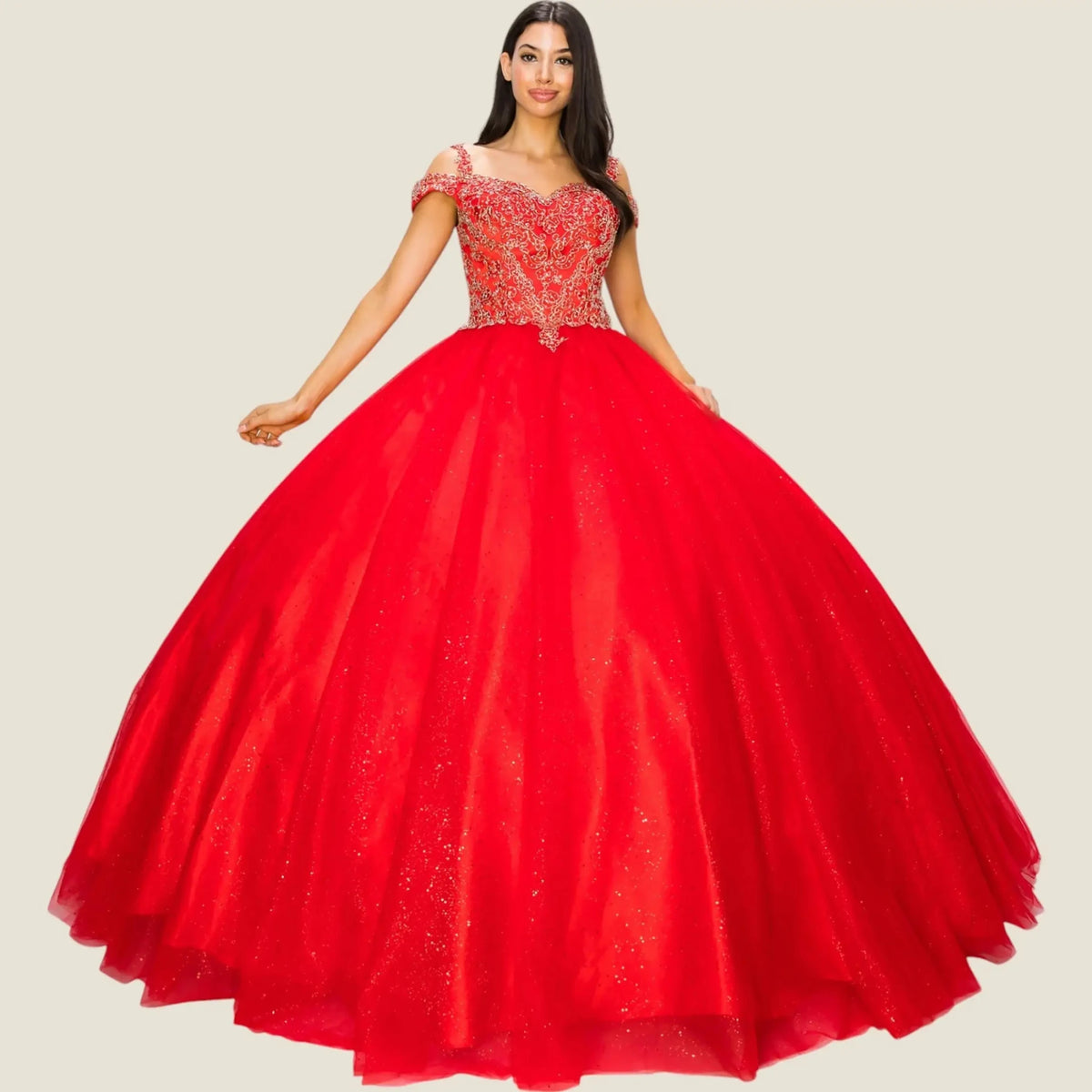Full-length view highlights red quinceanera dress with gold embroidery, glitter tulle, satin fabric, and rhinestone embellishments.
