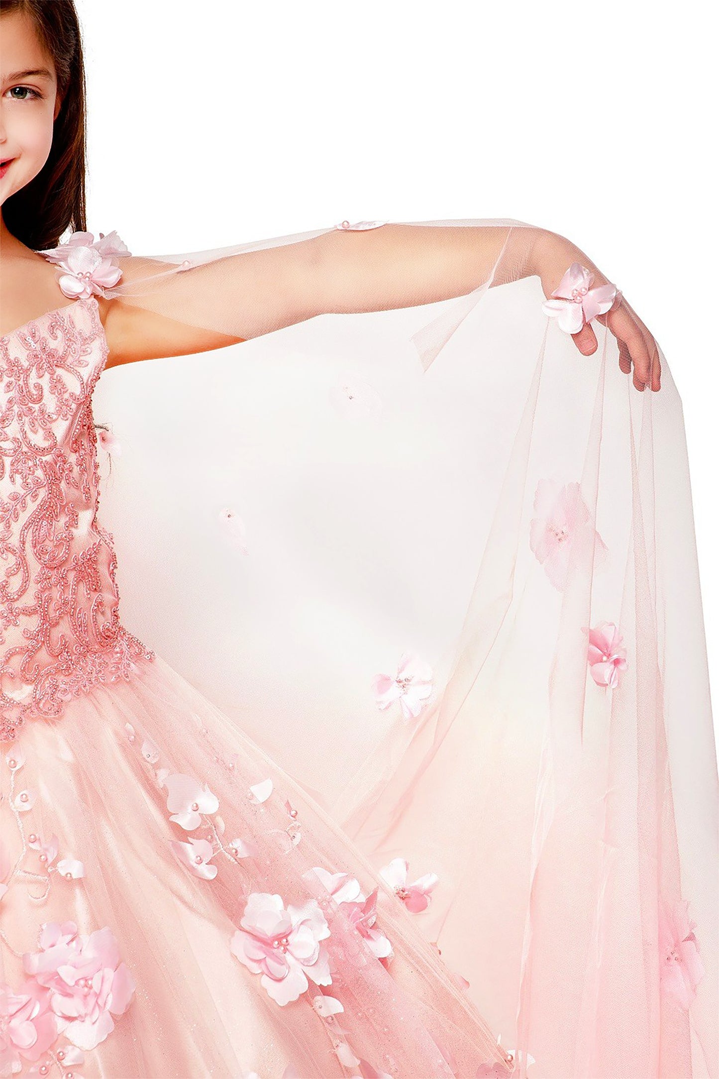 Pink floral dress with a white overlay worn by a person on a white background