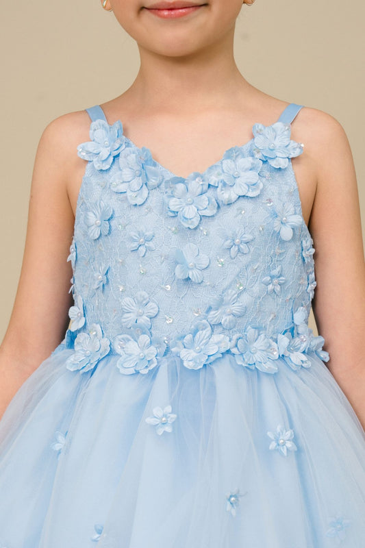 Close-up front-facing view of sky blue high-low tulle flower girl dress with 3D floral appliqué bodice and elegant neckline