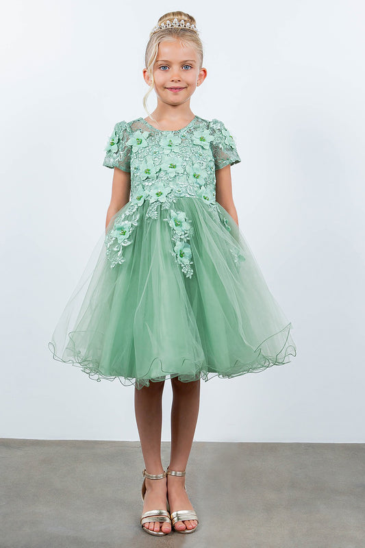 Young girl wearing a green floral dress with a tiara against a white background