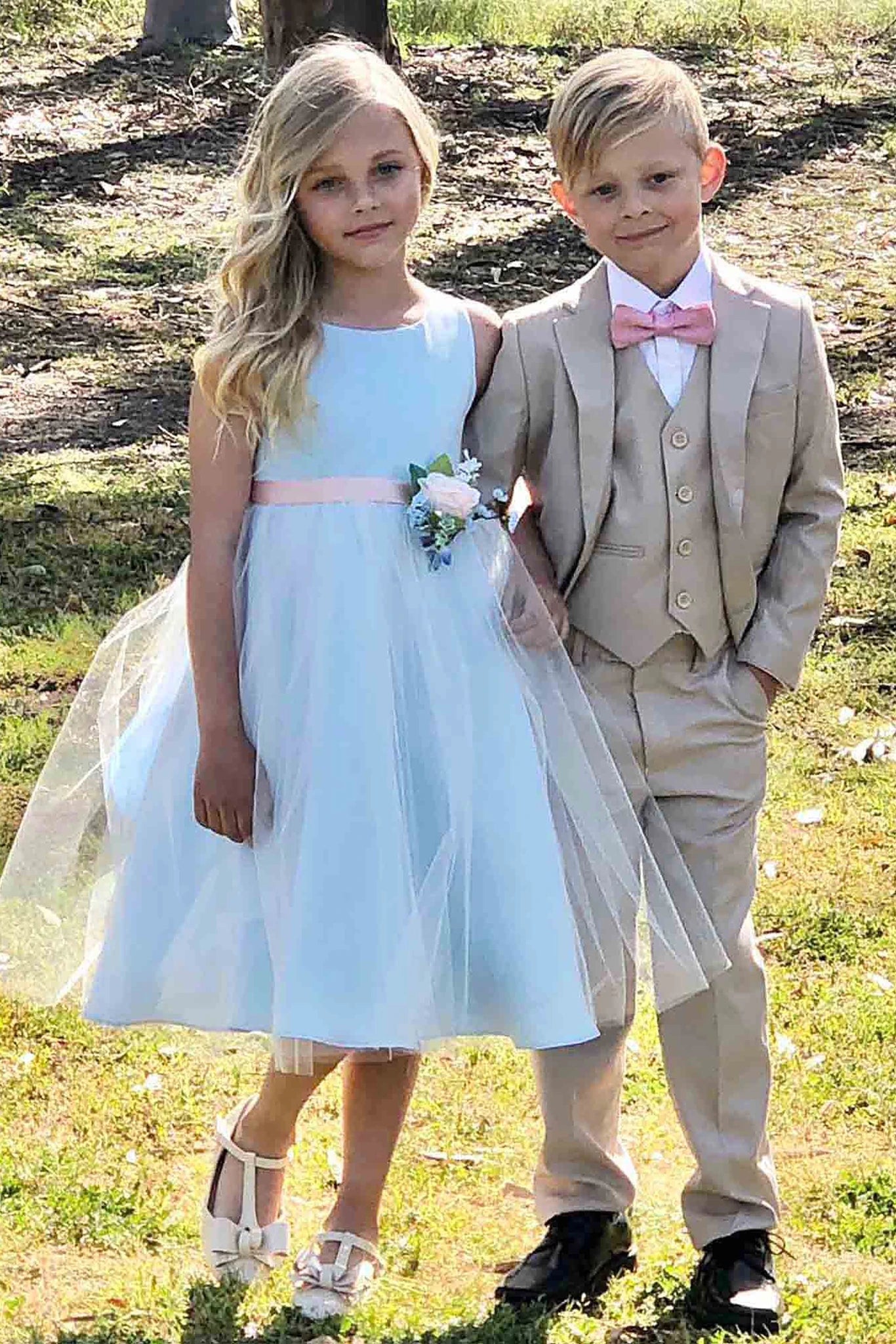 Blue Simple Dull Satin and Tulle Dress with Beautiful pin-on Bouquet 6M / Blue